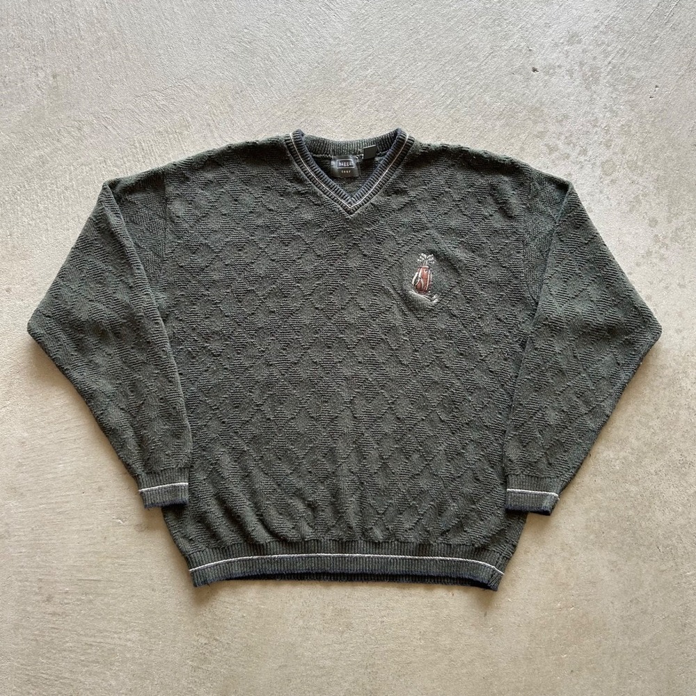 Vintage 90s Haggar Tour Golf Sweater Size XL Green Diamond Knit V Neck Pullover